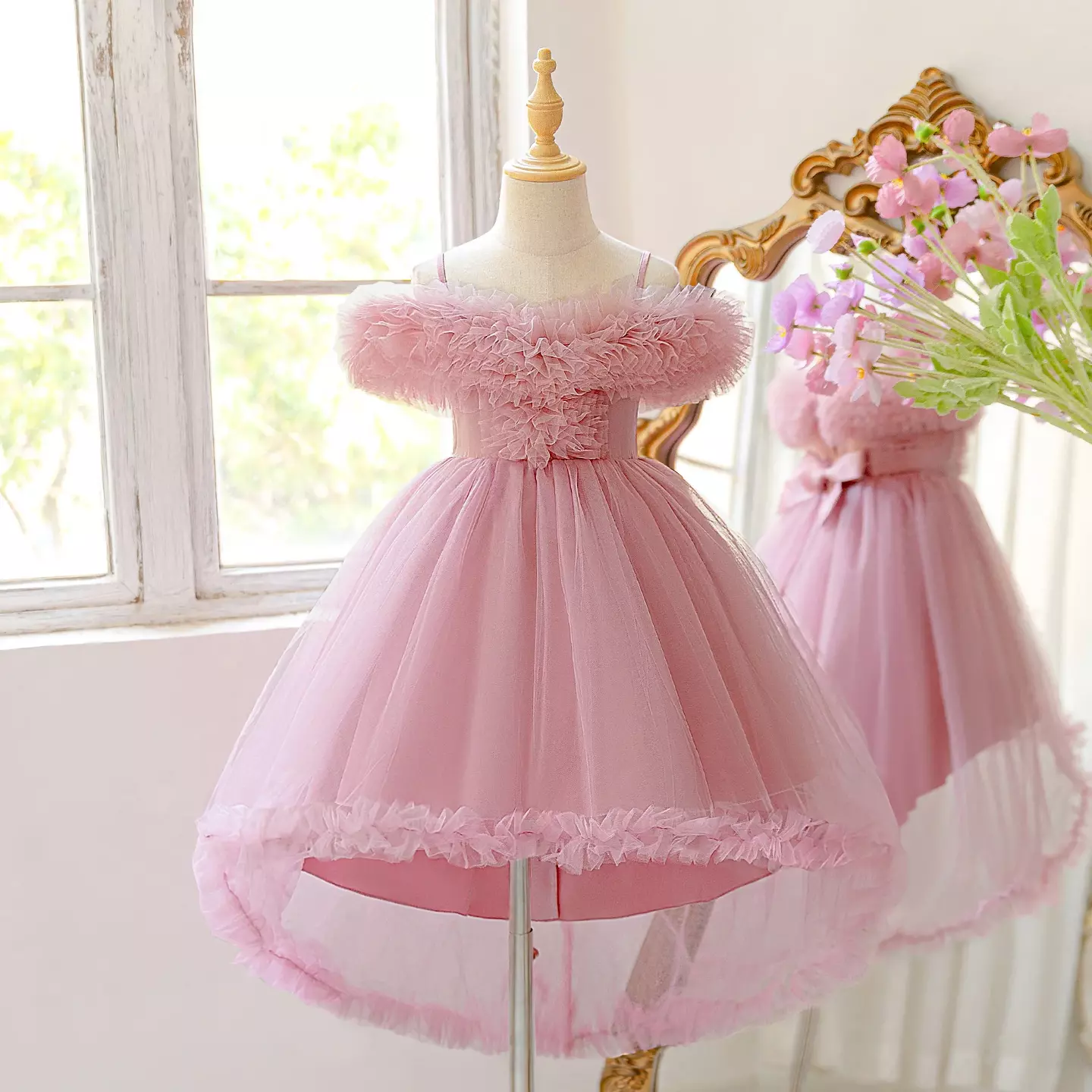 Dusty Pink Off-Shoulder Flower Girl Dress with High-Low Tulle Skirt | Emilia