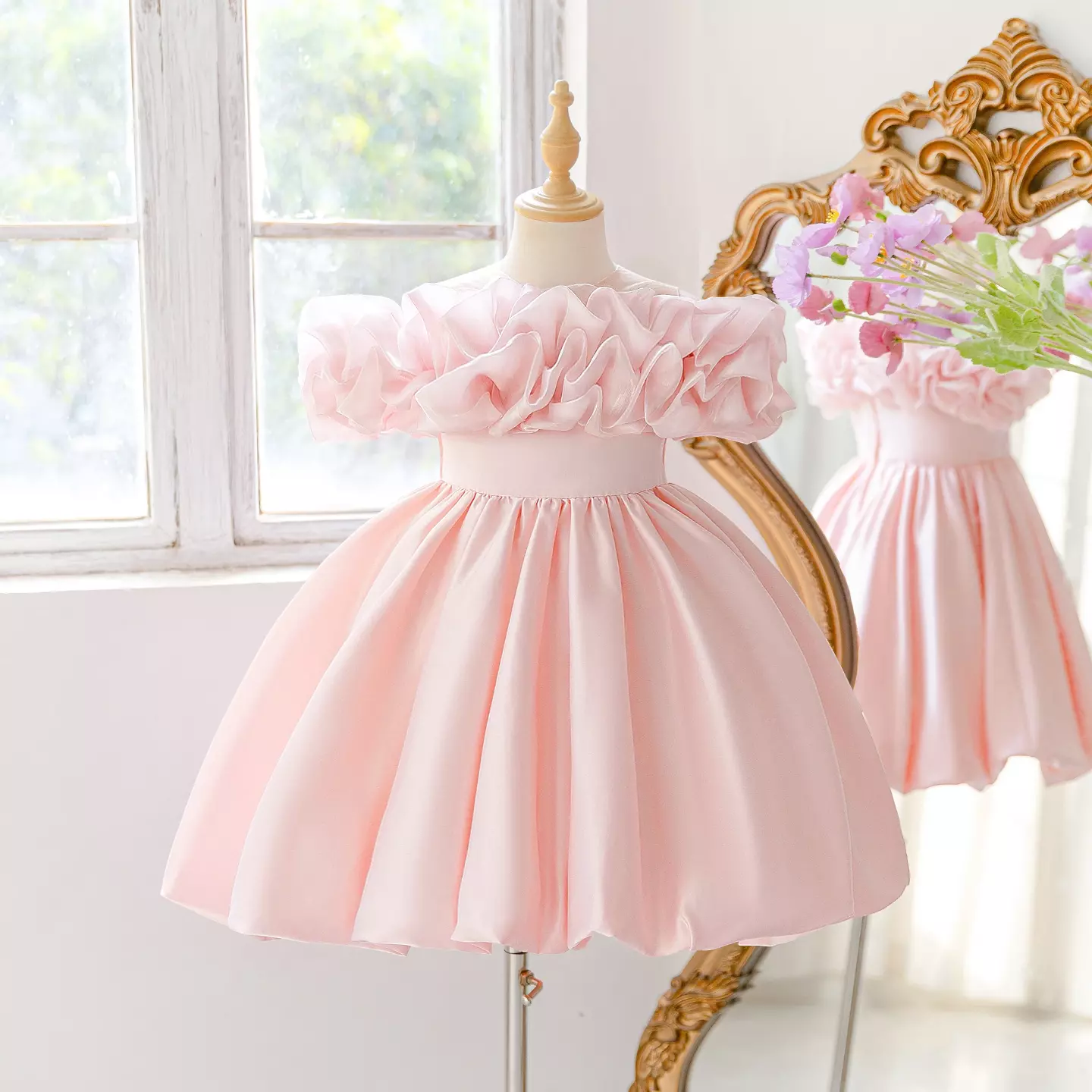 Peach Pink Ruffle Sleeve Dress + Accessories Bundle | Sophie III Satin Party Dress