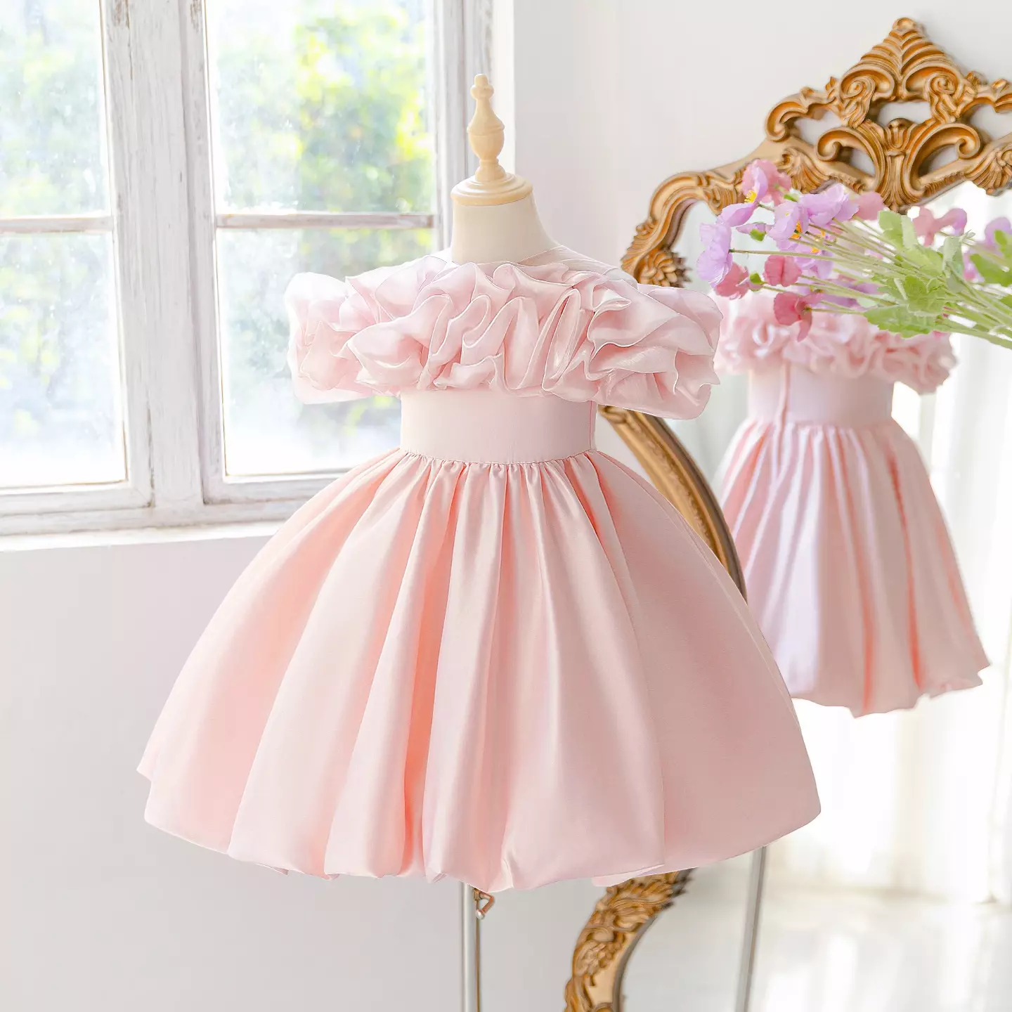 Peach Pink Ruffle Sleeve Dress + Accessories Bundle | Sophie III Satin Party Dress