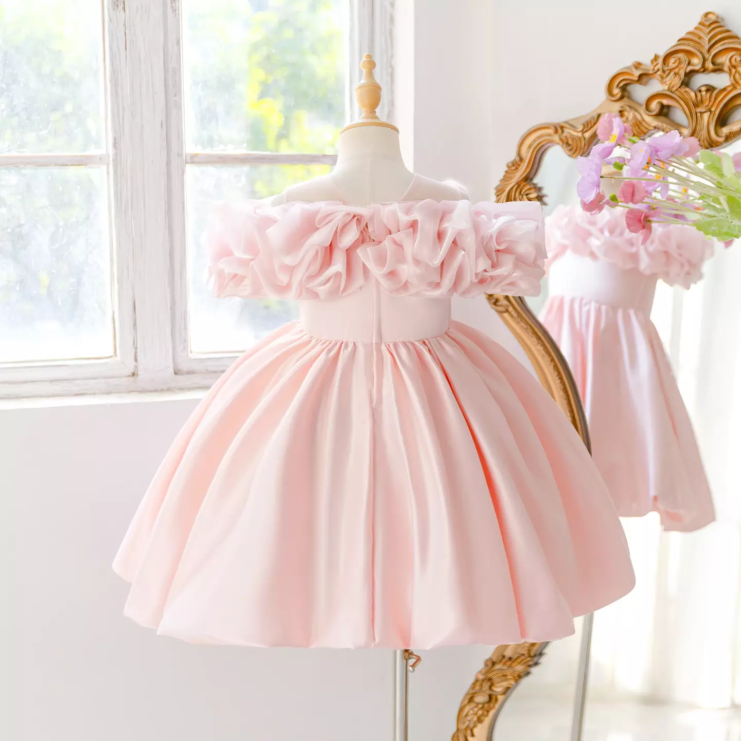 Peach Pink Ruffle Sleeve Dress + Accessories Bundle | Sophie III Satin Party Dress