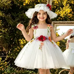 Dress & Hat Set - Aoi (White) | Floral Applique Flower Girl Dress