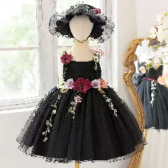 Dress & Hat Set - Aoi (Black) | Floral Applique Flower Girl Dress