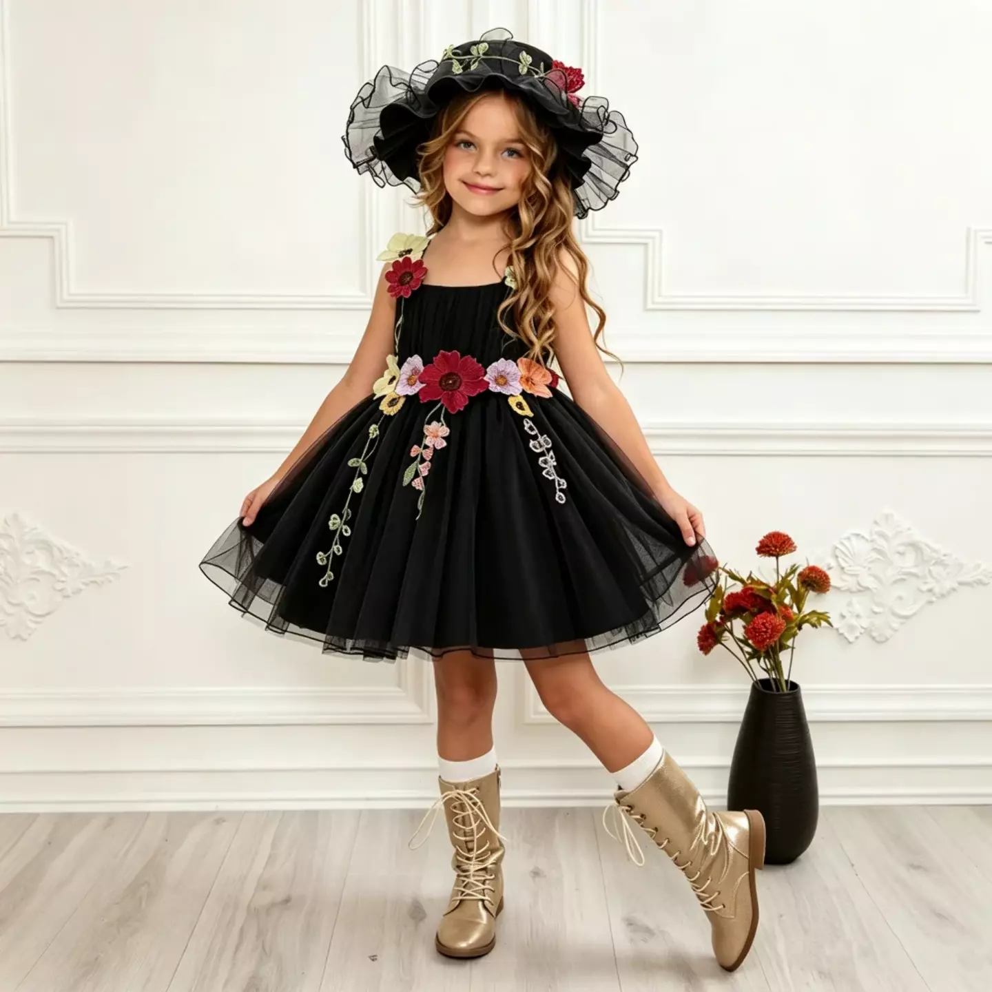 Dress & Hat Set - Aoi (Black) | Floral Applique Flower Girl Dress