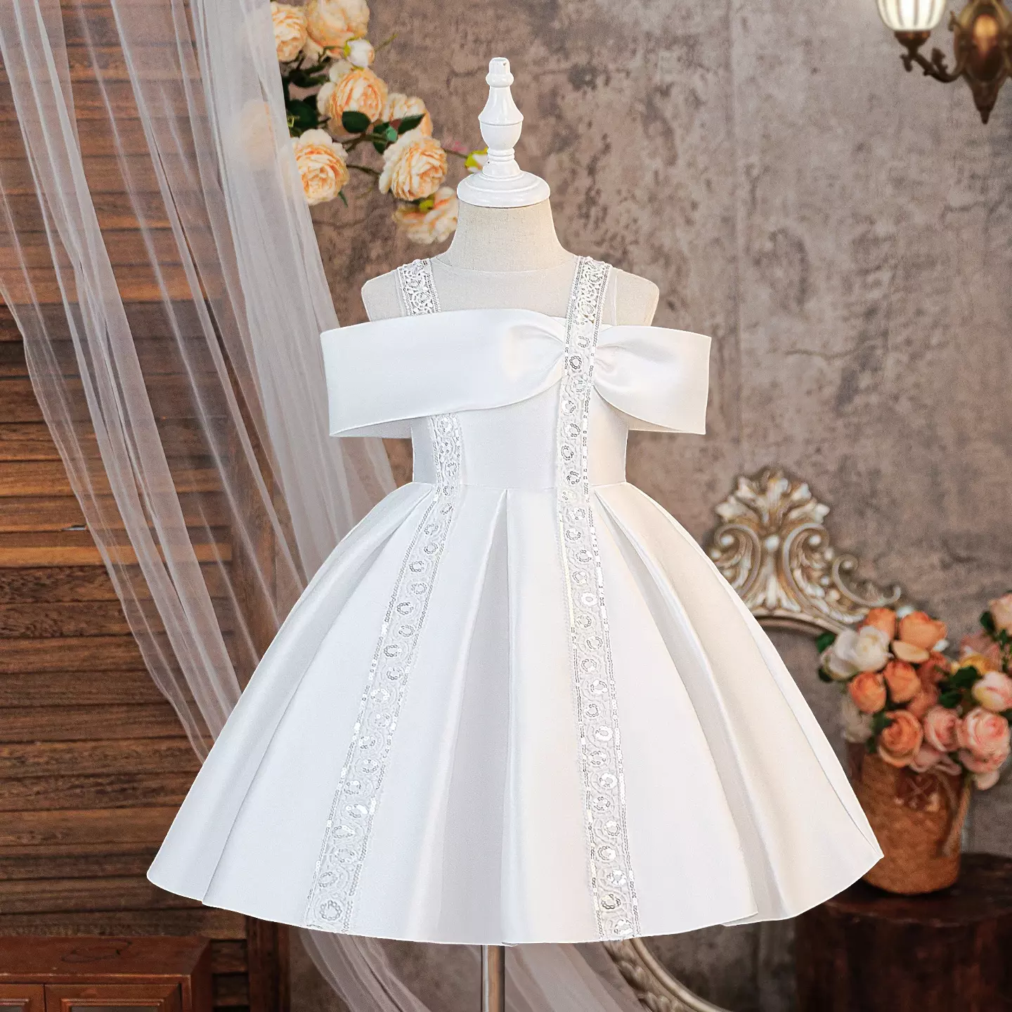 Jenni White Flower Girl Dress with Pearl Bow and Lace Trim