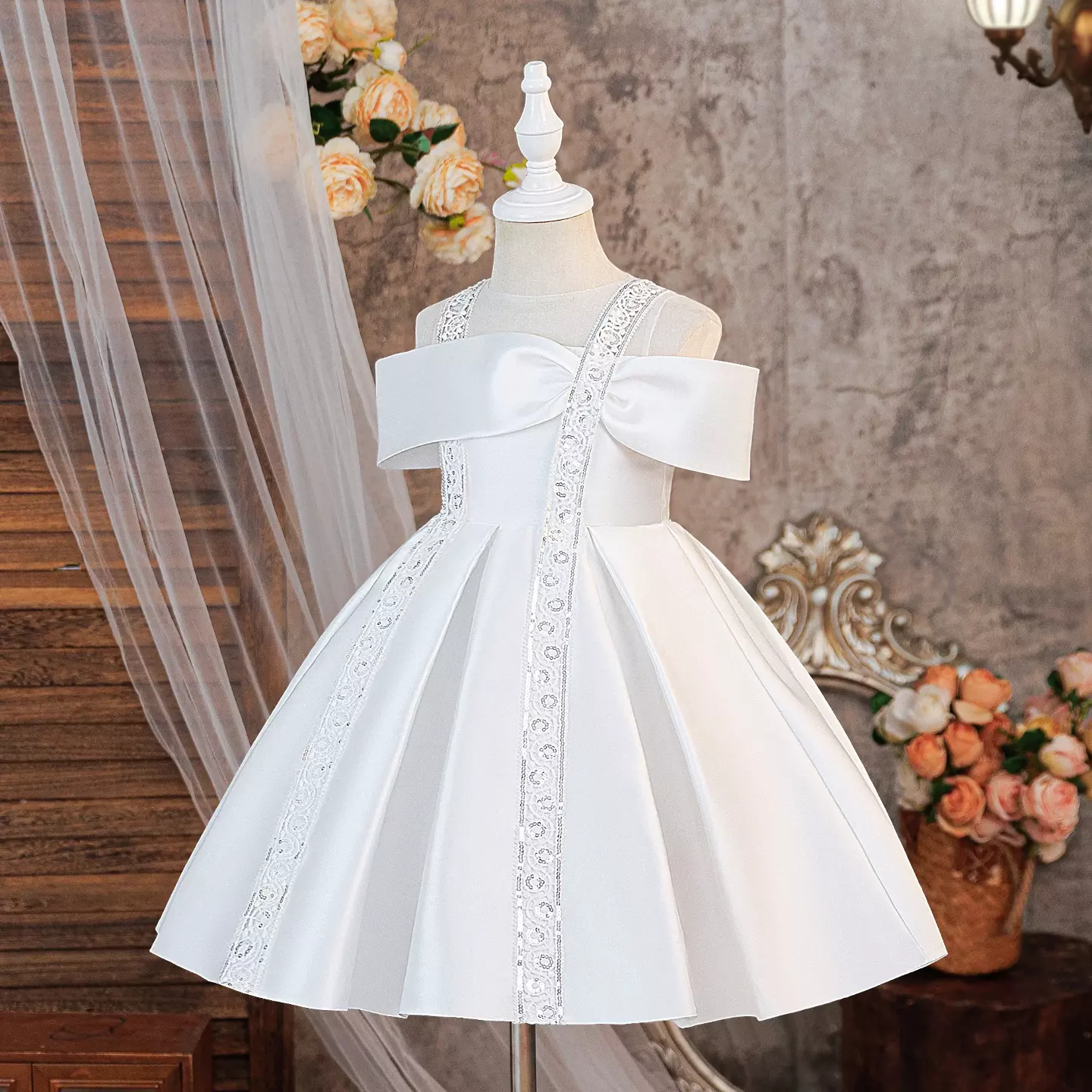 Jenni White Flower Girl Dress with Pearl Bow and Lace Trim