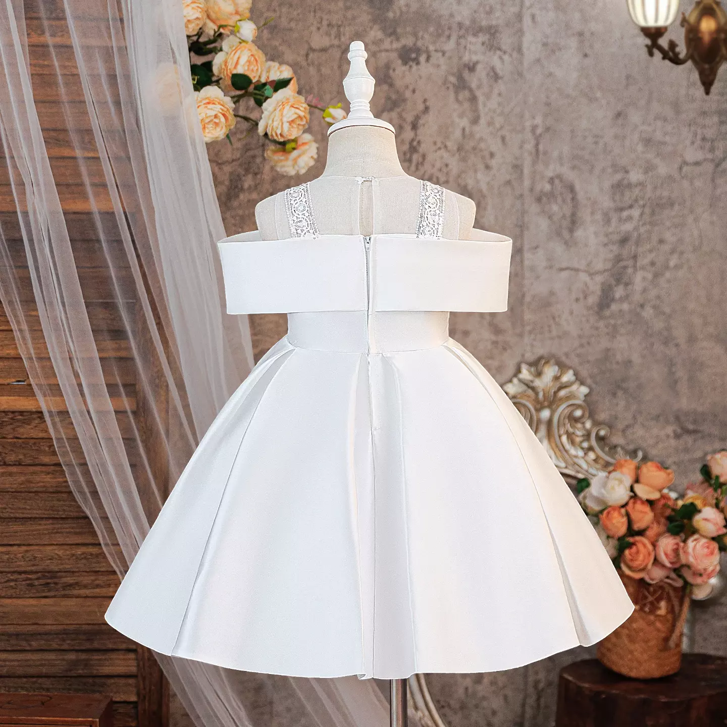 Jenni White Flower Girl Dress with Pearl Bow and Lace Trim