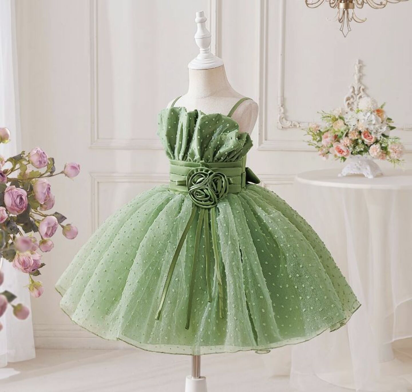 Green Ruffle Bodice Party Dress + Accessories Bundle | Pauline Flower Girl Dress