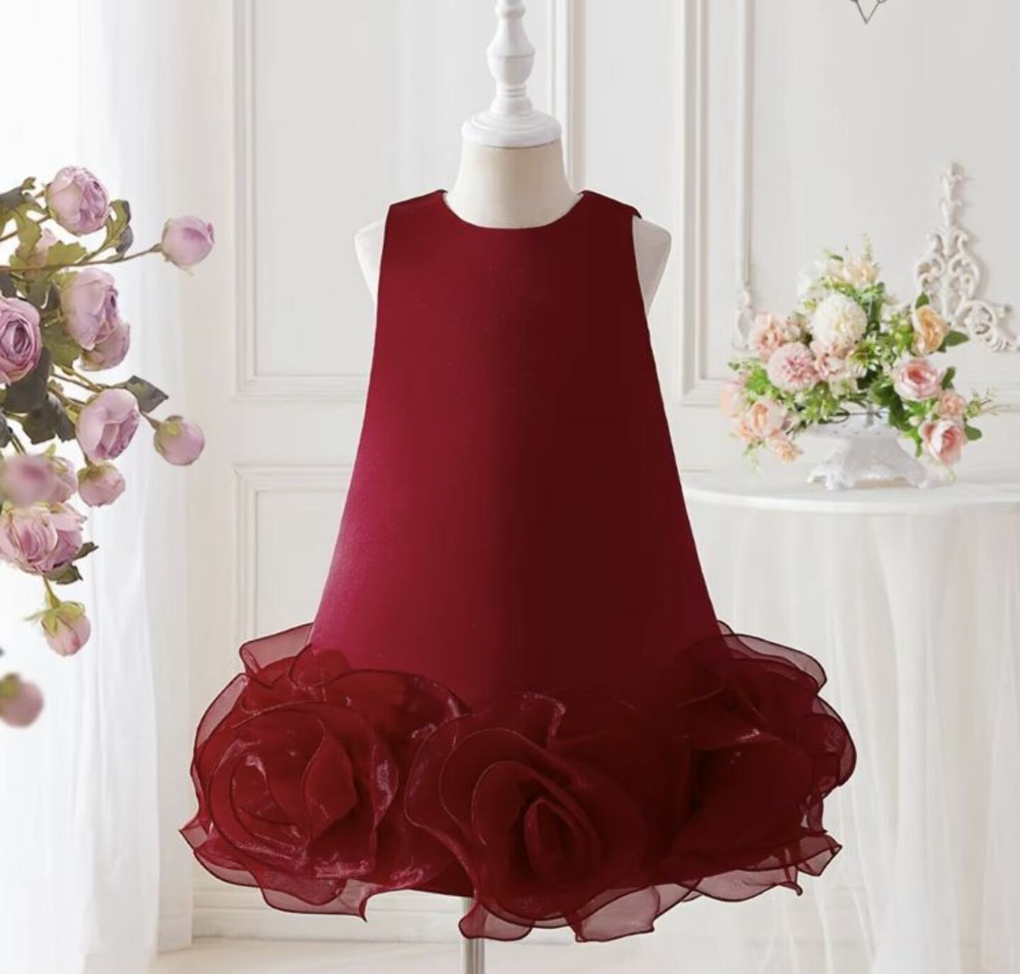 Maroon Rosette Hem Party Dress + Accessories Bundle | Vicky Flower Girl Dress