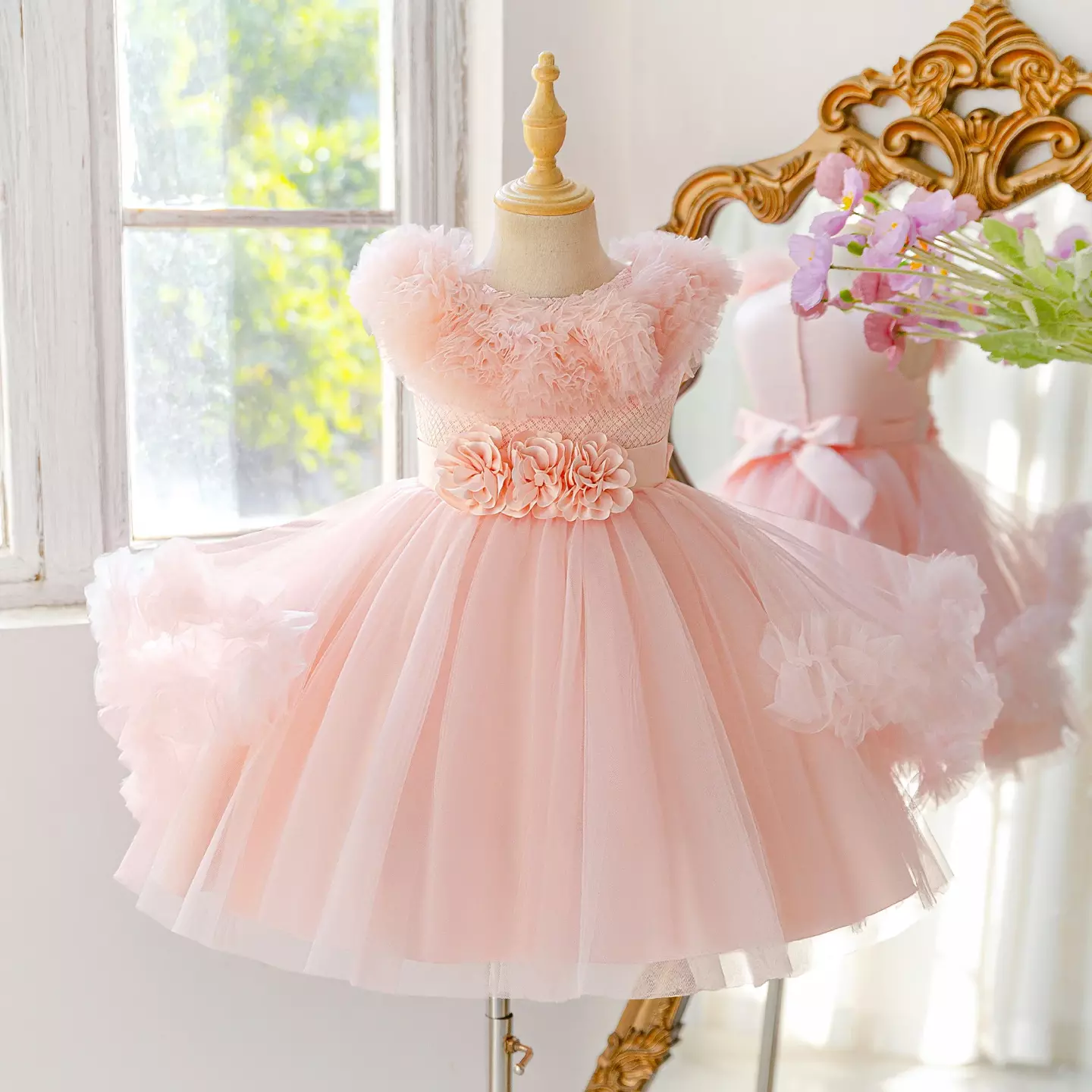 Girls Peach Pink Tulle Party Dress - Holliday, Floral Waist Detail, Knee Length