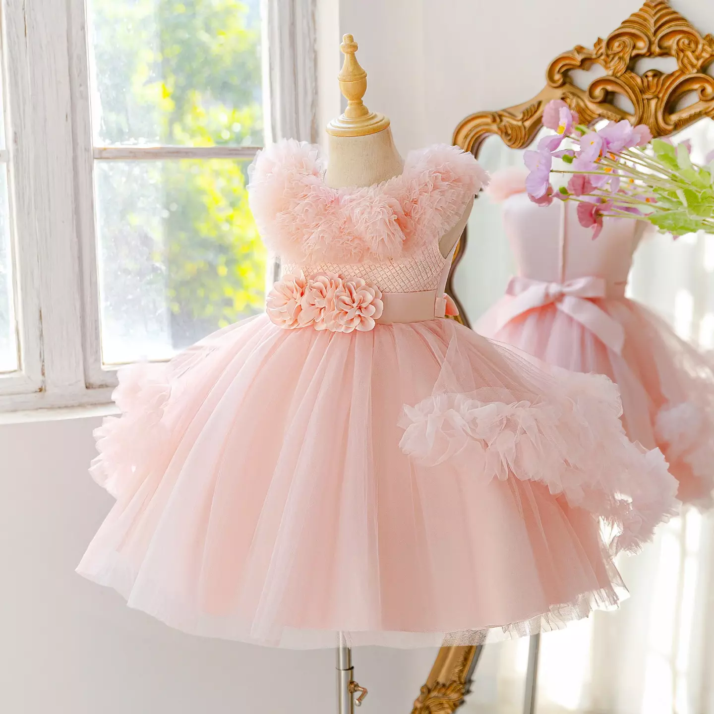 Girls Peach Pink Tulle Party Dress - Holliday, Floral Waist Detail, Knee Length
