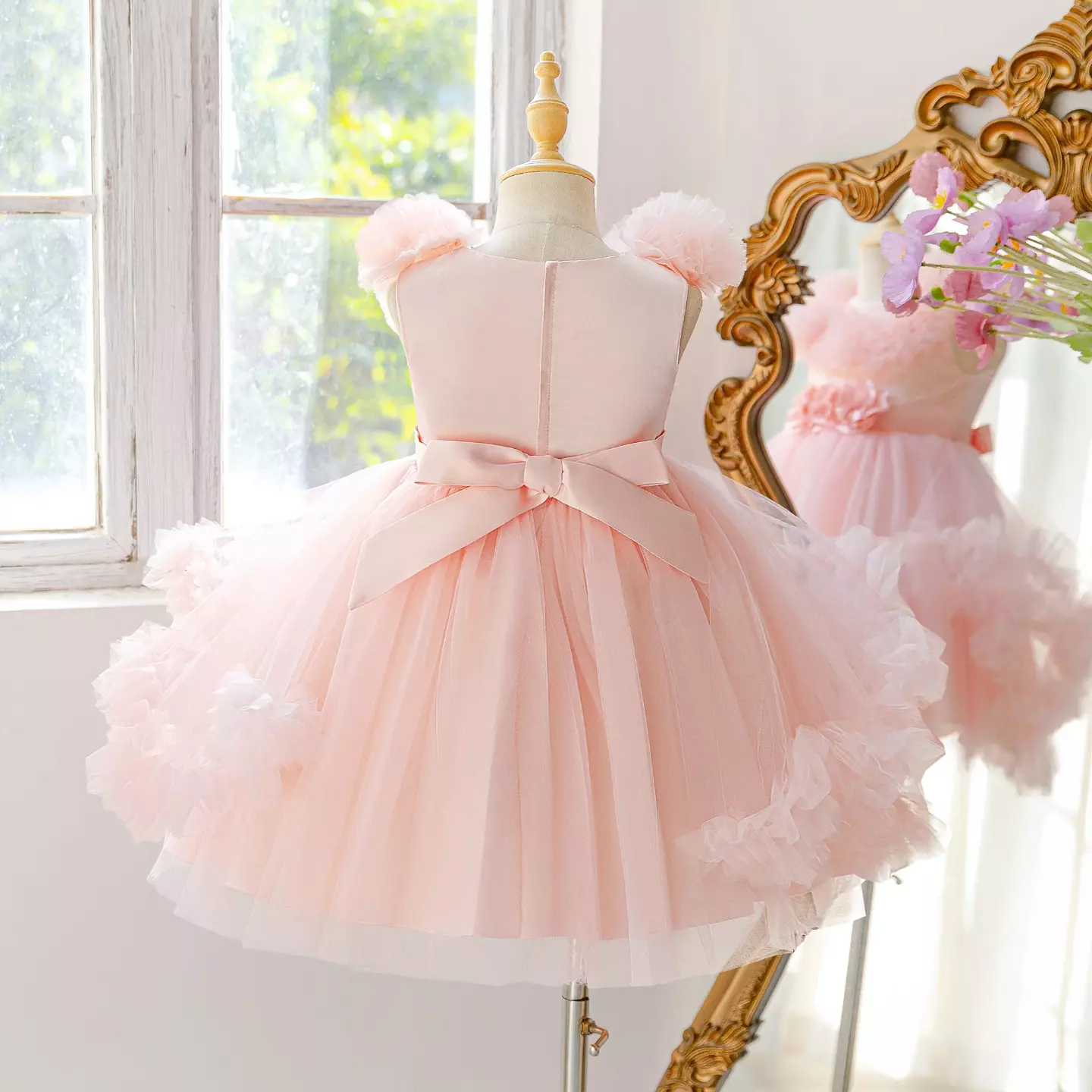 Girls Peach Pink Tulle Party Dress - Holliday, Floral Waist Detail, Knee Length