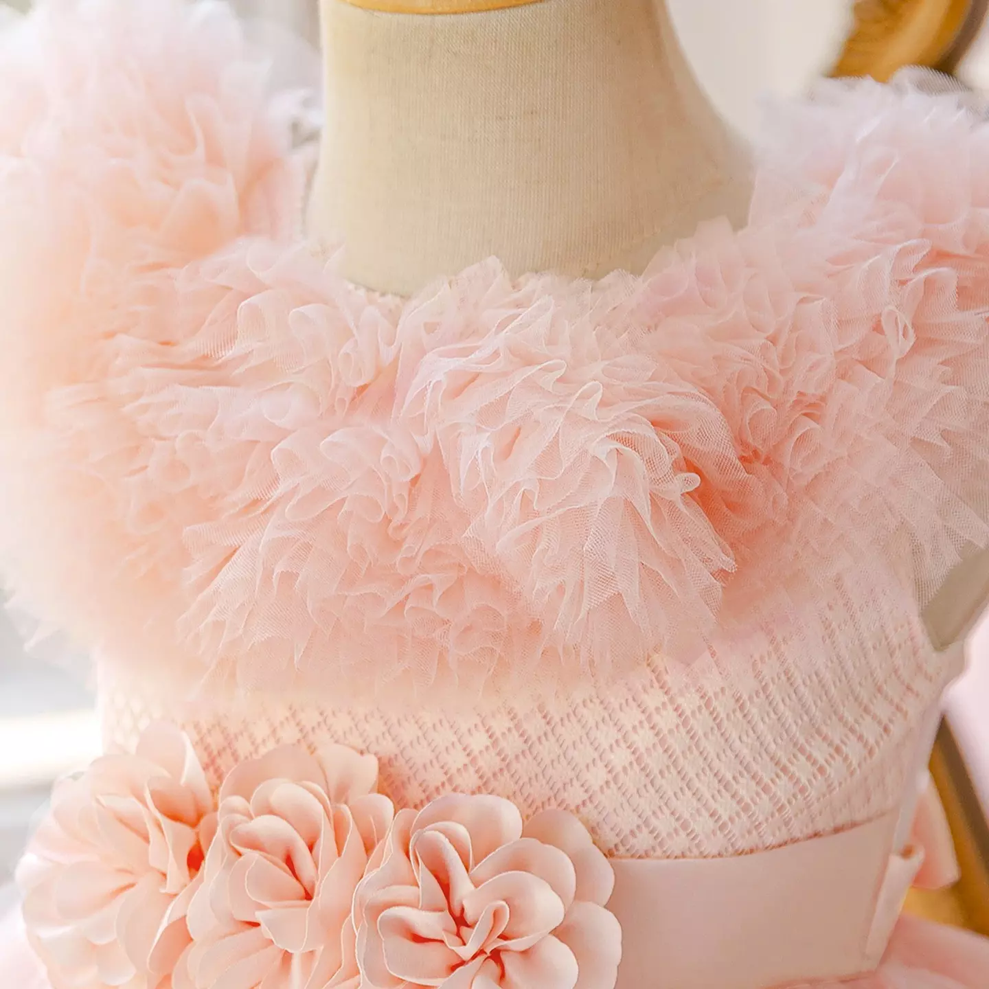Girls Peach Pink Tulle Party Dress - Holliday, Floral Waist Detail, Knee Length