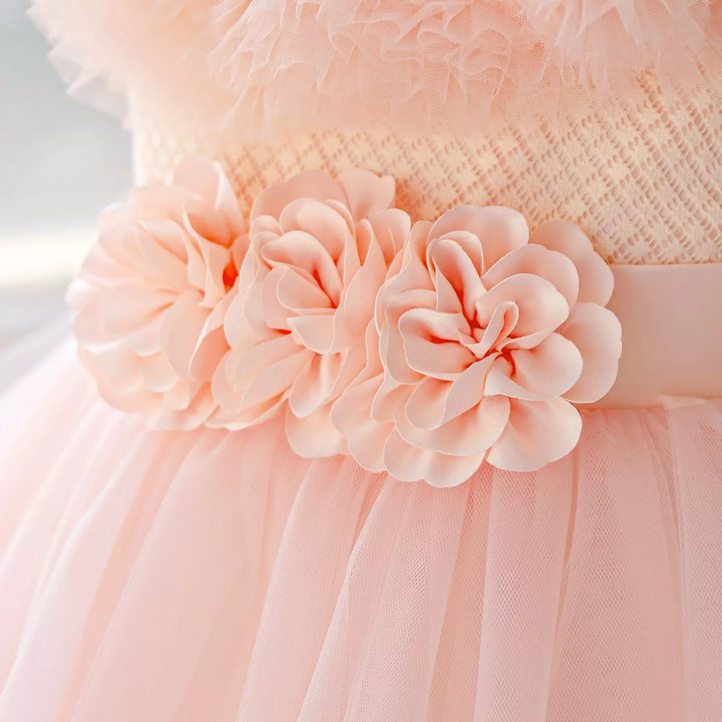 Girls Peach Pink Tulle Party Dress - Holliday, Floral Waist Detail, Knee Length