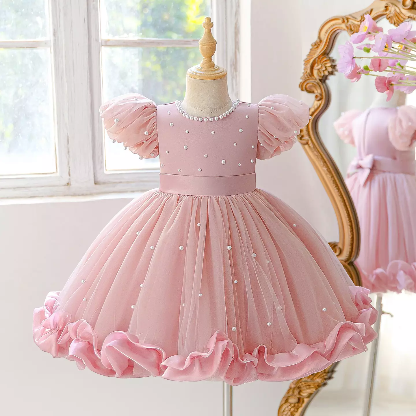 Cindy Dusty Pink Pearl Tulle Dress - Puff Sleeve Party Dress for Girls