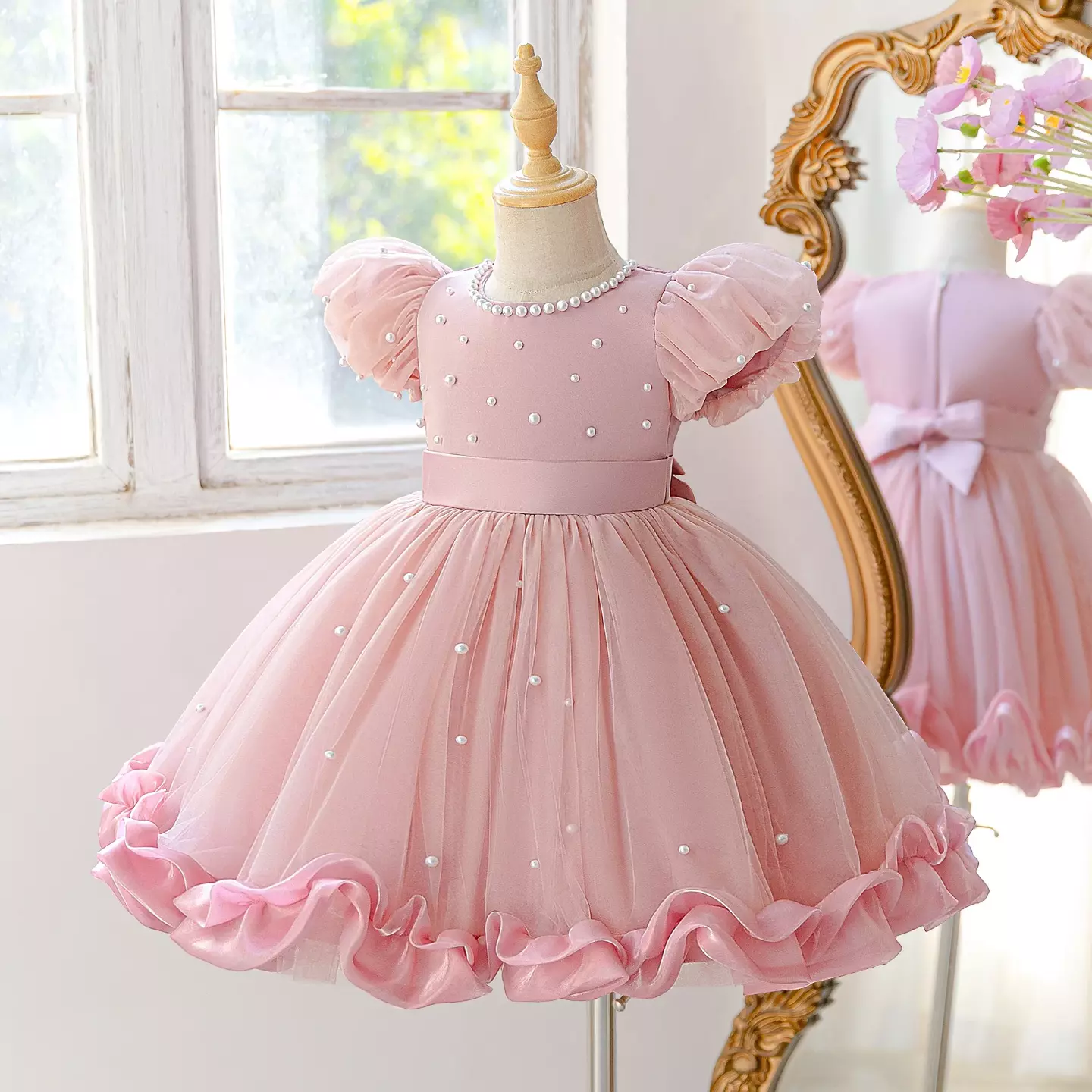 Cindy Dusty Pink Pearl Tulle Dress - Puff Sleeve Party Dress for Girls