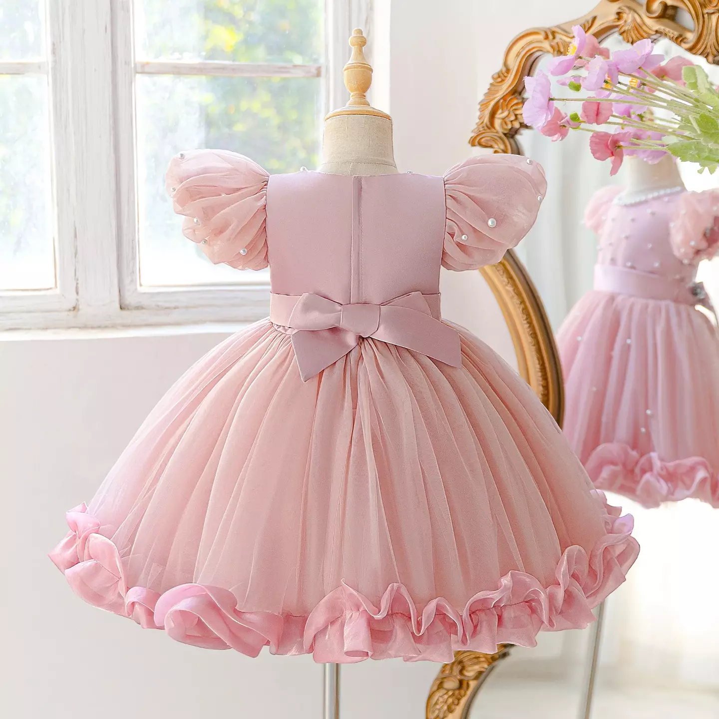 Cindy Dusty Pink Pearl Tulle Dress - Puff Sleeve Party Dress for Girls