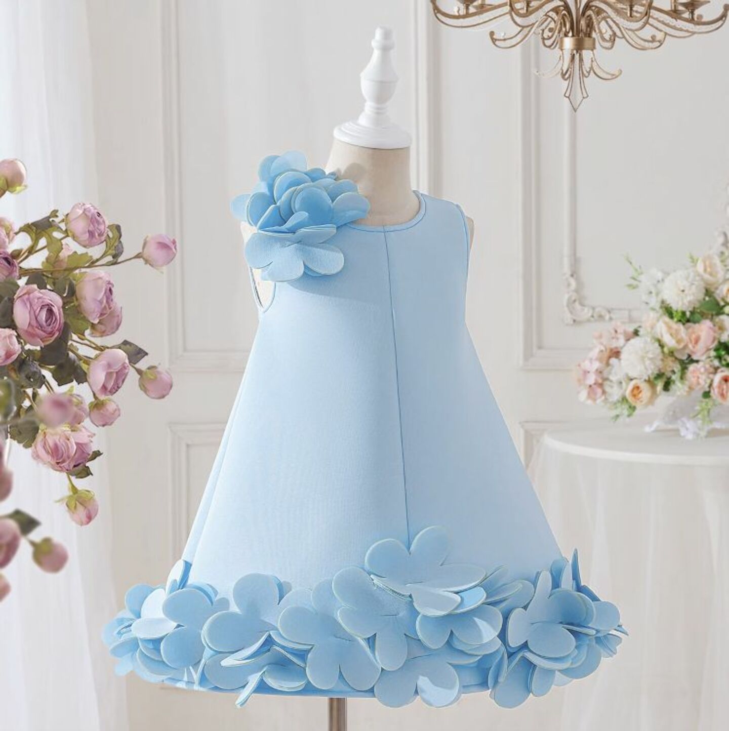 Elisa Light Blue 3D Petal Hem Party Dress for Girls