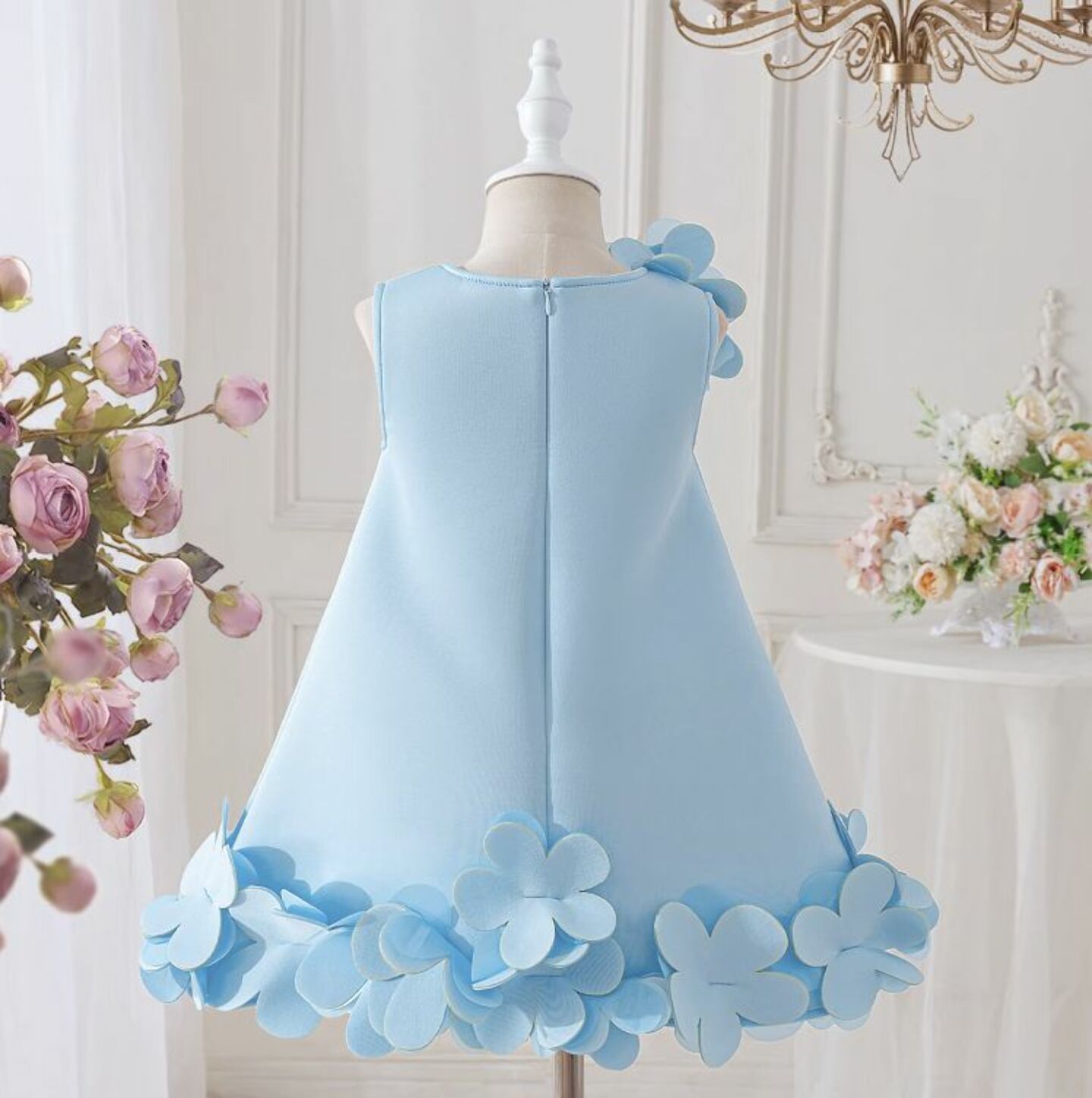 Elisa Light Blue 3D Petal Hem Party Dress for Girls