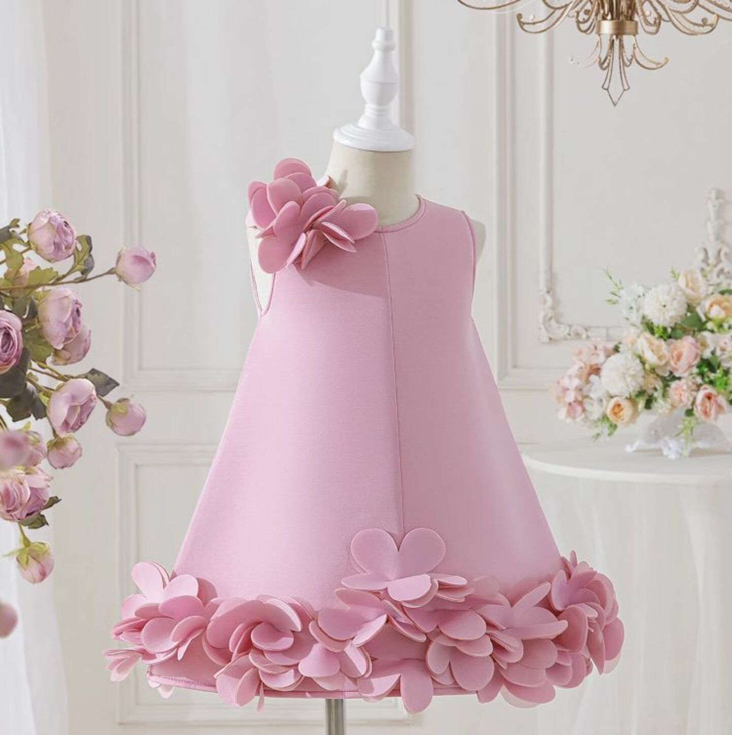 Elisa Pink 3D Petal Hem Party Dress for Girls