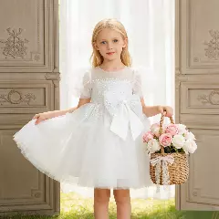Abbie White Sequin Puff Sleeve Flower Girl Dress for Girls