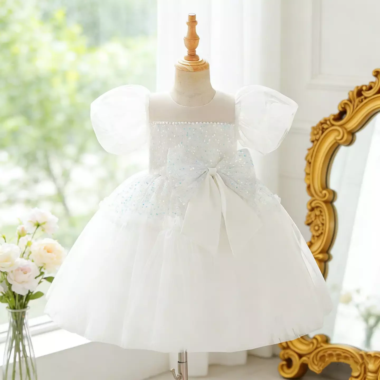 Abbie White Sequin Puff Sleeve Flower Girl Dress for Girls