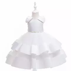 Yamille White Tiered Satin Bow Flower Girl Dress for Girls