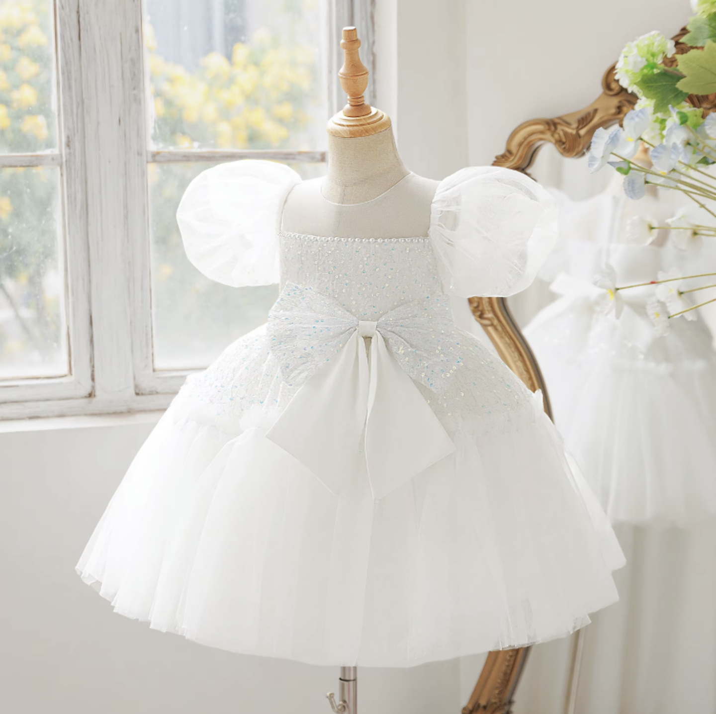 Abbie White Sequin Puff Sleeve Flower Girl Dress for Girls