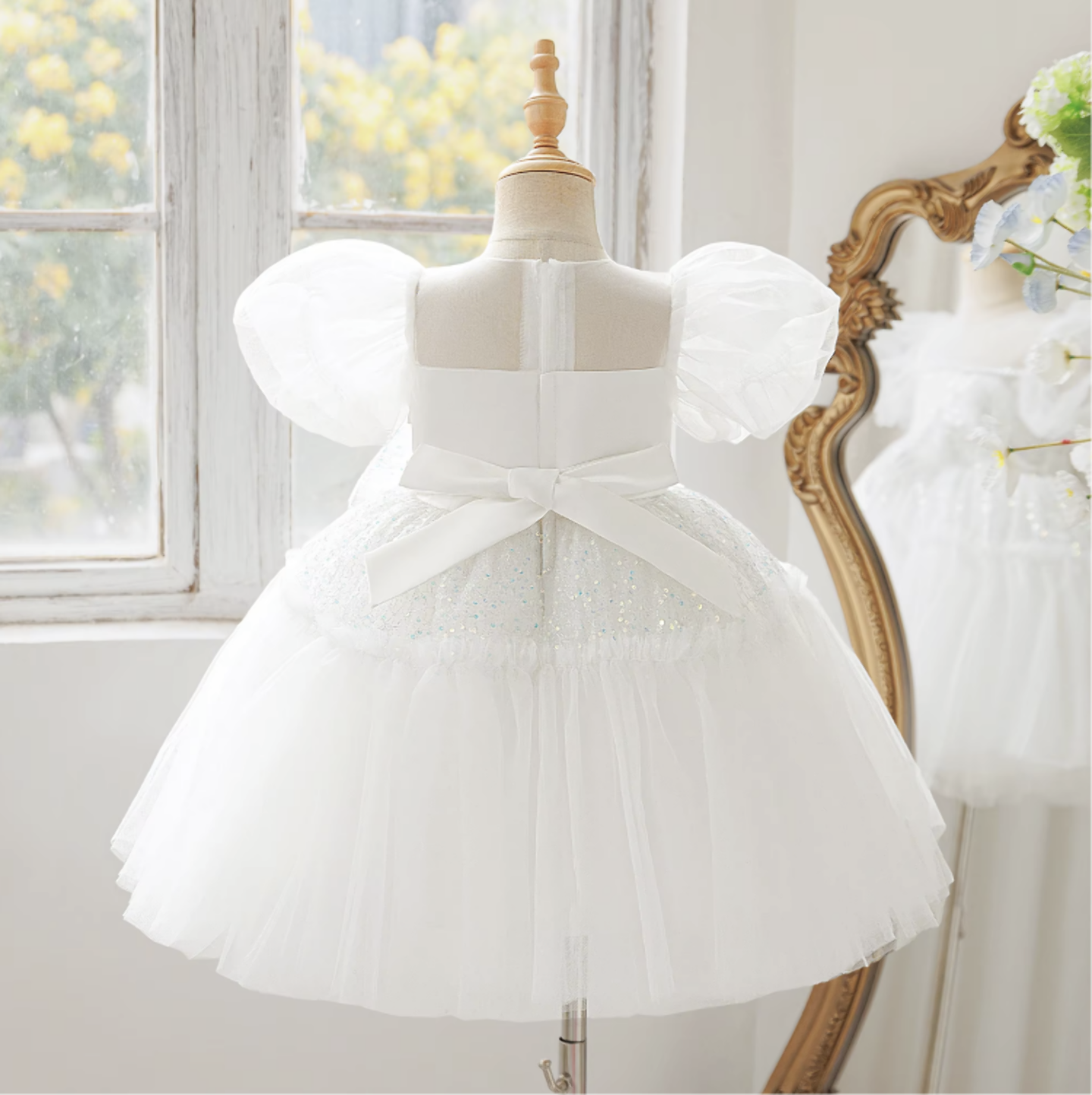 Abbie White Sequin Puff Sleeve Flower Girl Dress for Girls