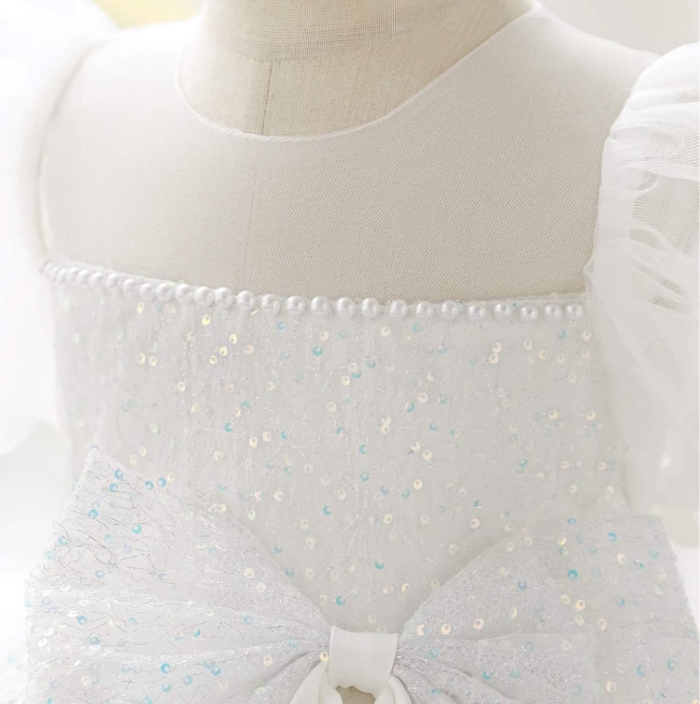 Abbie White Sequin Puff Sleeve Flower Girl Dress for Girls