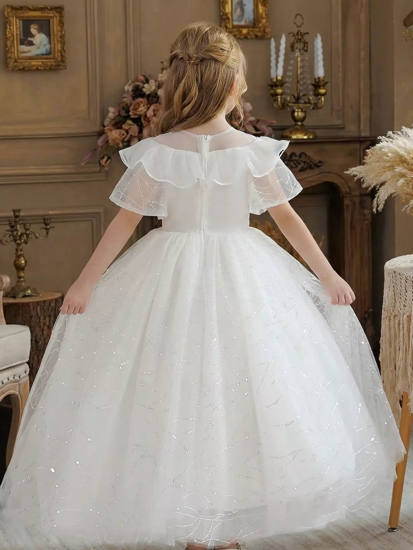 Deanna White Ruffle Sleeve Tea Length Flower Girl Dress for Girls