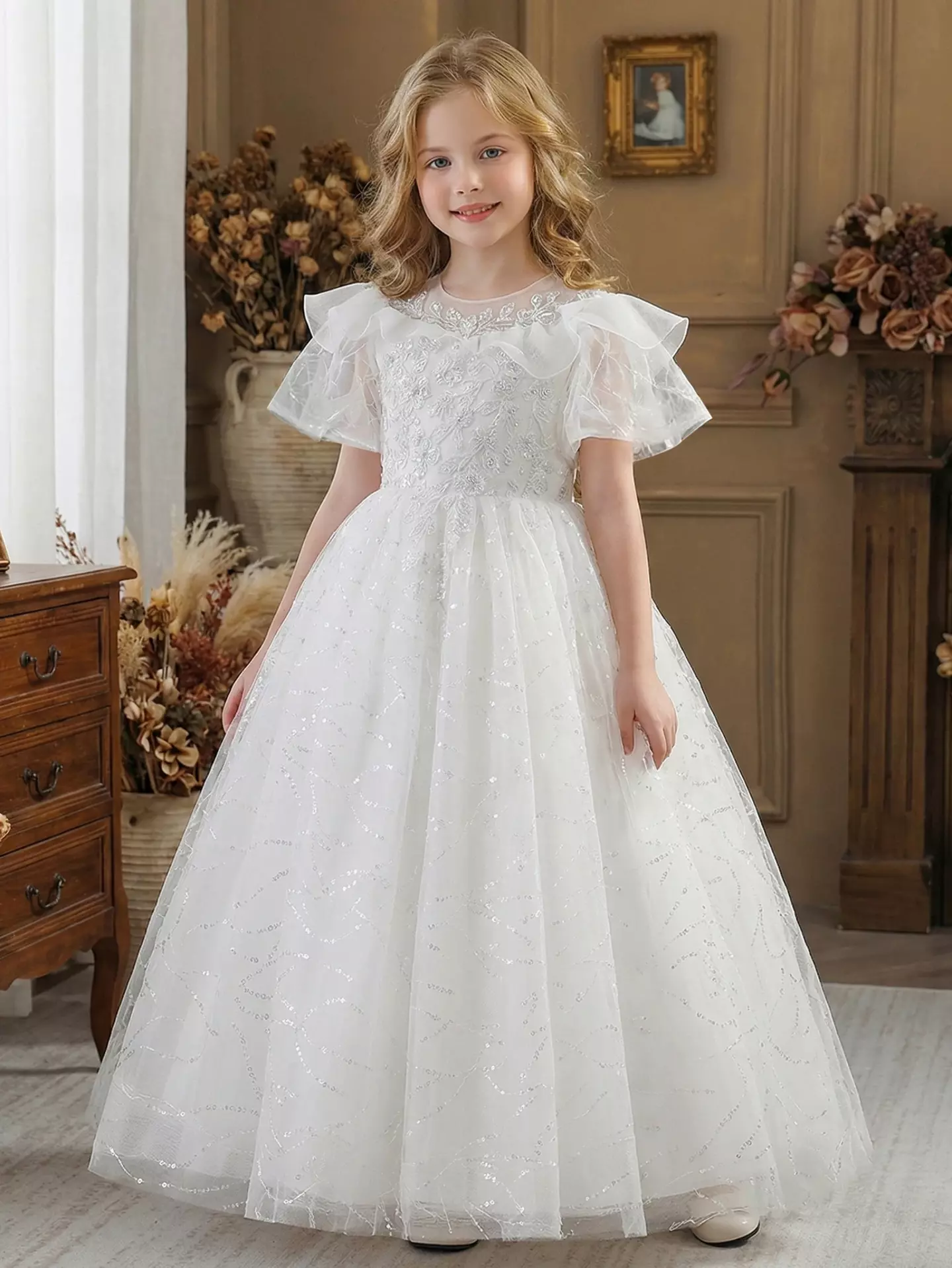 Deanna White Ruffle Sleeve Tea Length Flower Girl Dress for Girls