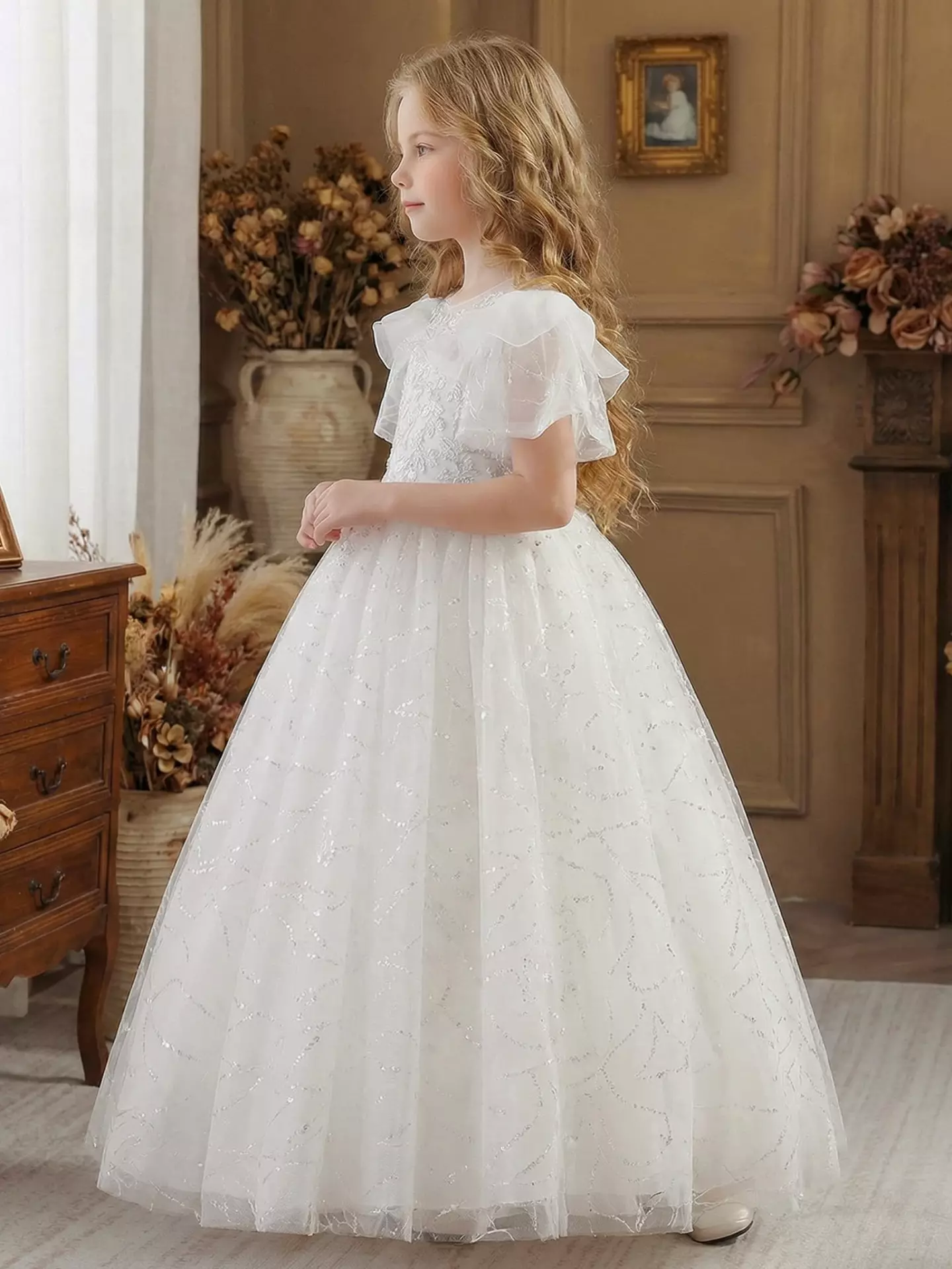 Deanna White Ruffle Sleeve Tea Length Flower Girl Dress for Girls