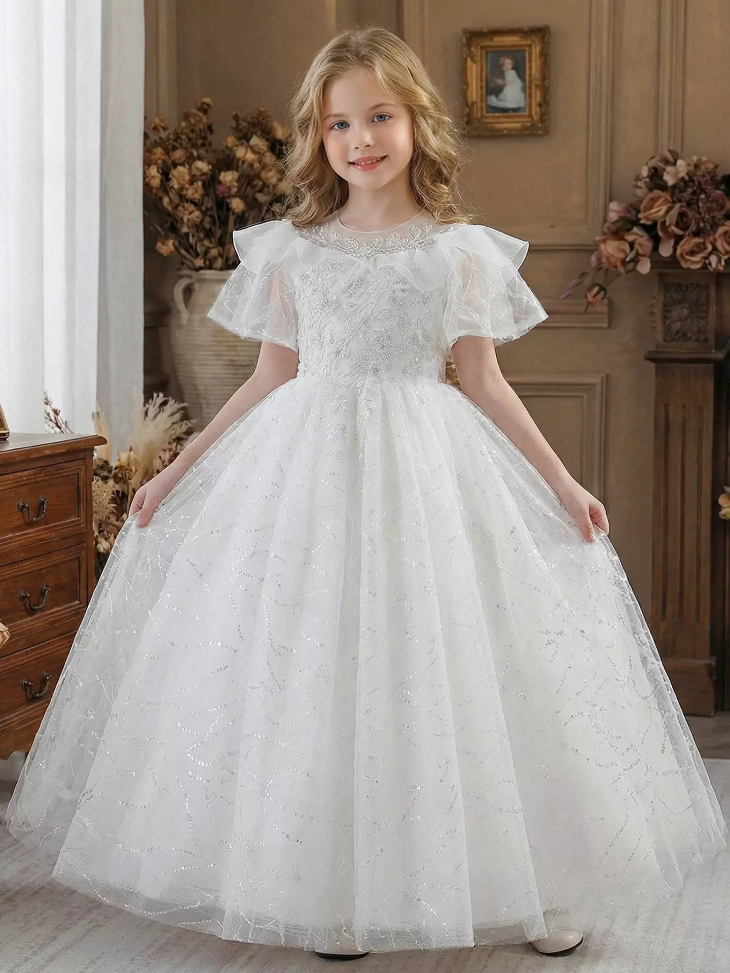 Deanna White Ruffle Sleeve Tea Length Flower Girl Dress for Girls