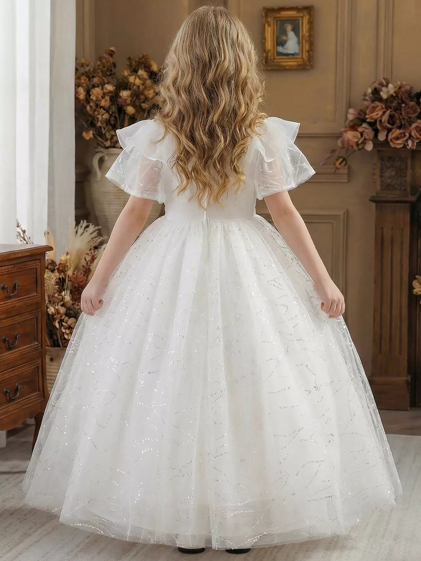 Deanna White Ruffle Sleeve Tea Length Flower Girl Dress for Girls