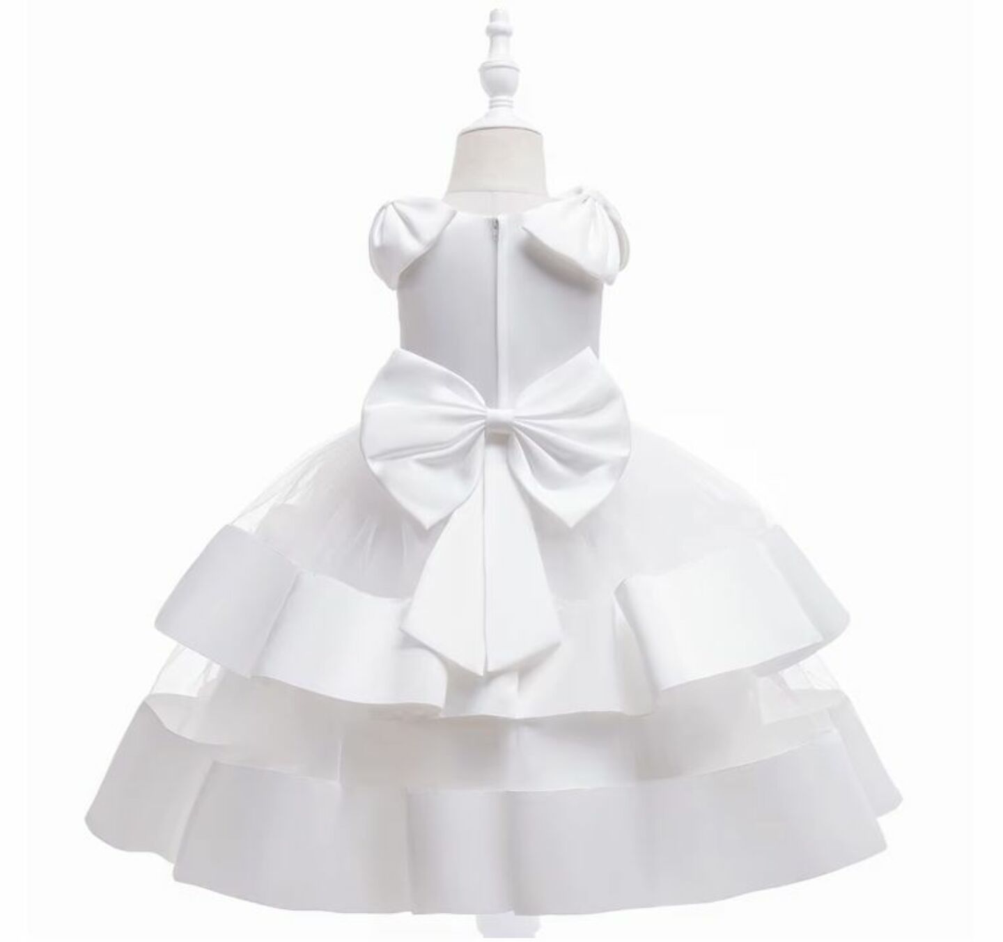 Yamille White Tiered Satin Bow Flower Girl Dress for Girls