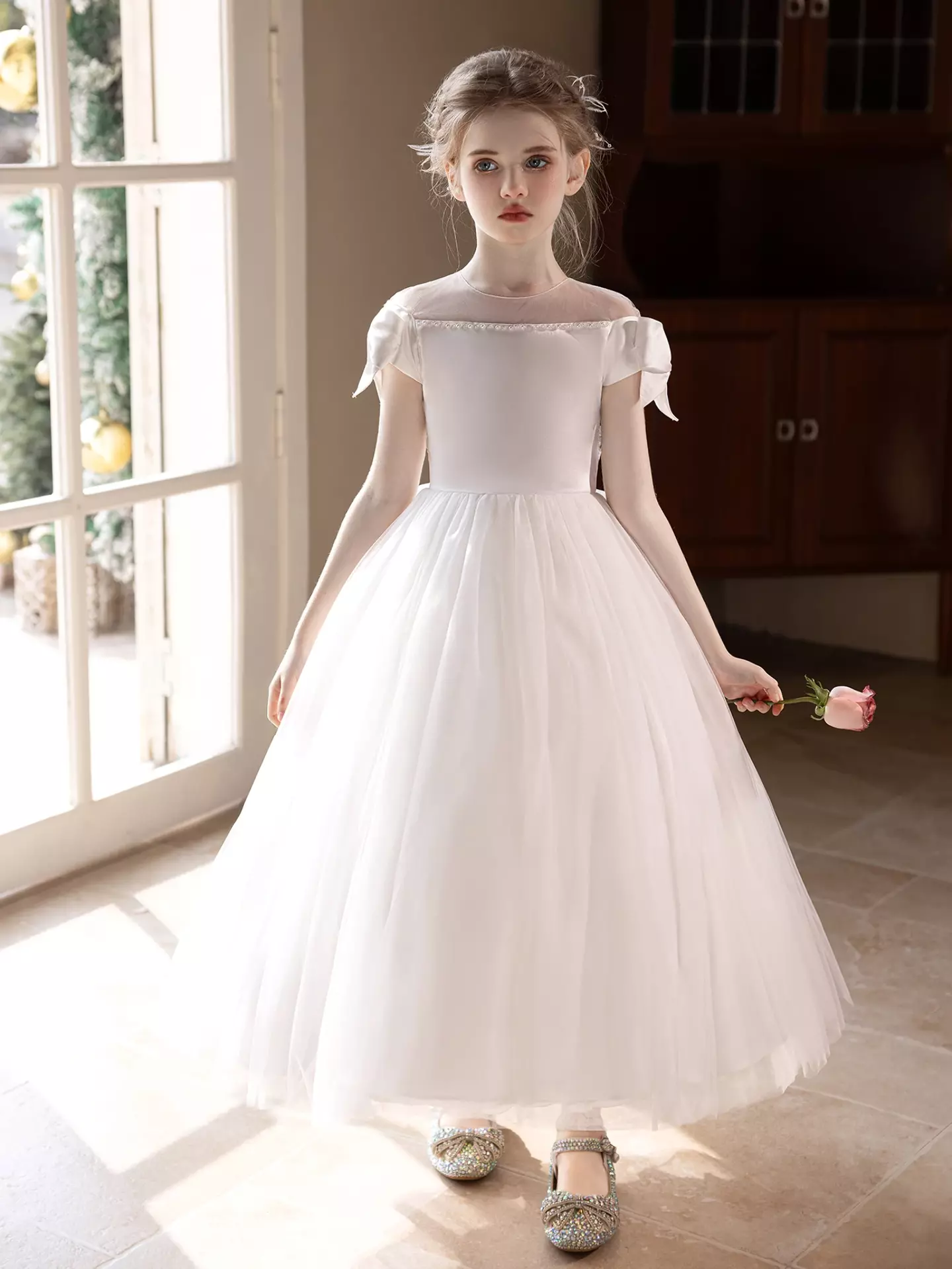 Kristina White Off-Shoulder Bow Back Tea Length Flower Girl Dress for Girls
