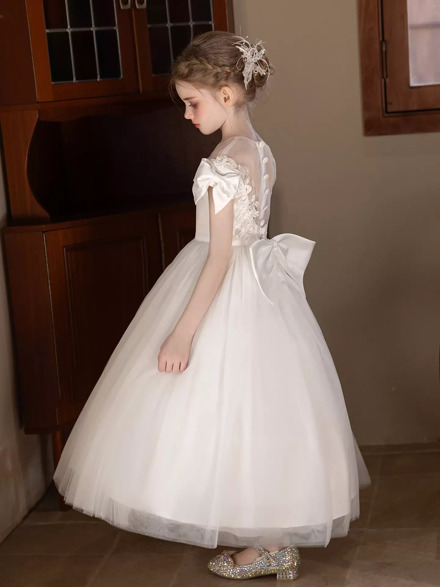 Kristina White Off-Shoulder Bow Back Tea Length Flower Girl Dress for Girls
