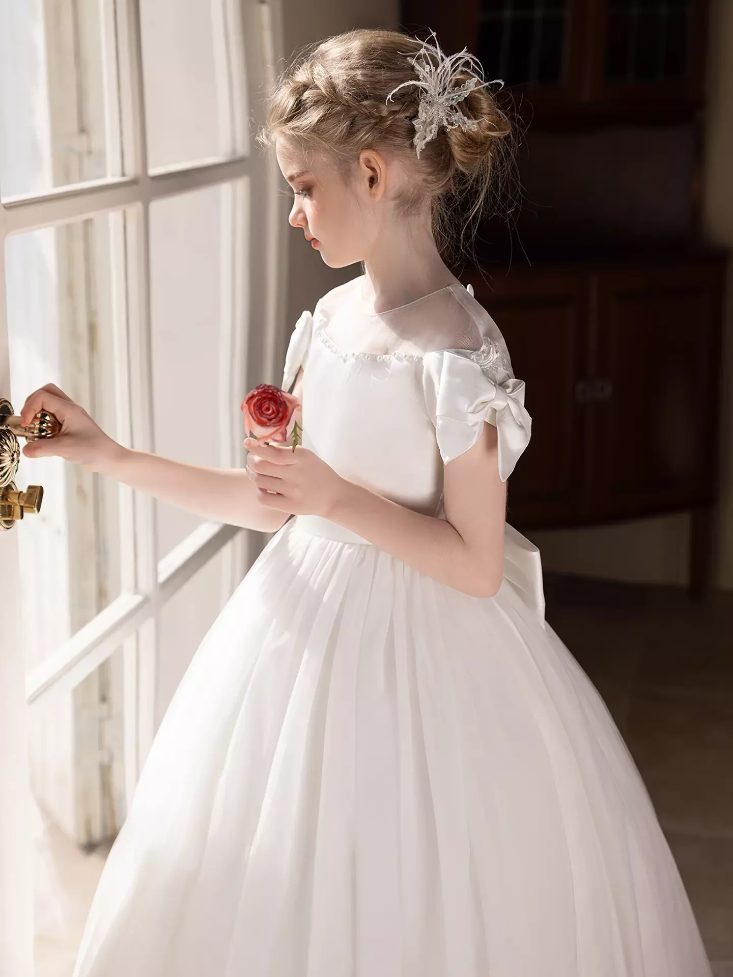Kristina White Off-Shoulder Bow Back Tea Length Flower Girl Dress for Girls