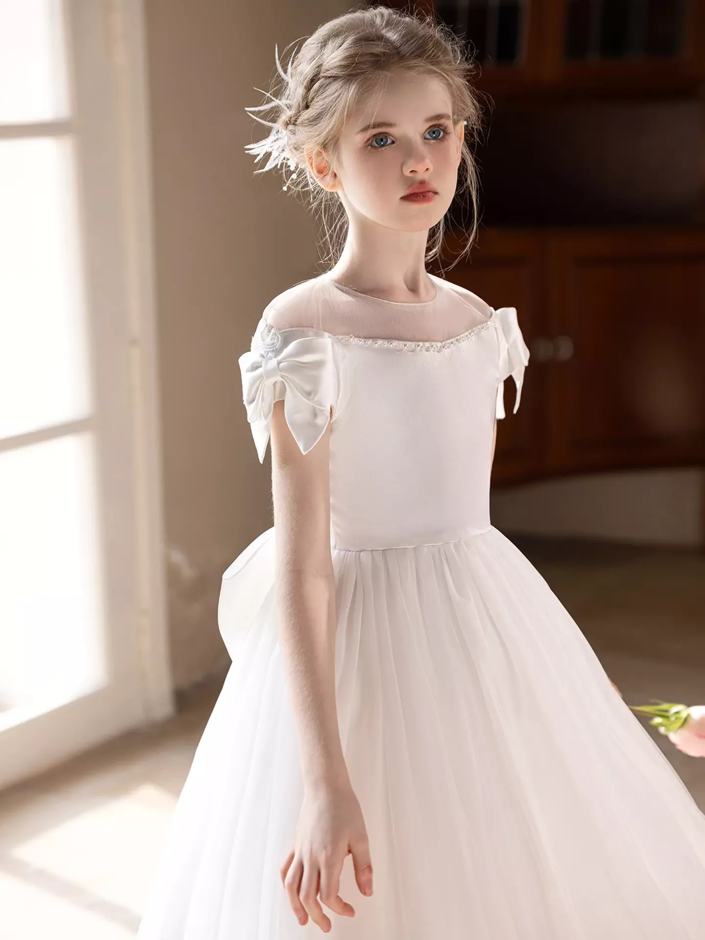 Kristina White Off-Shoulder Bow Back Tea Length Flower Girl Dress for Girls