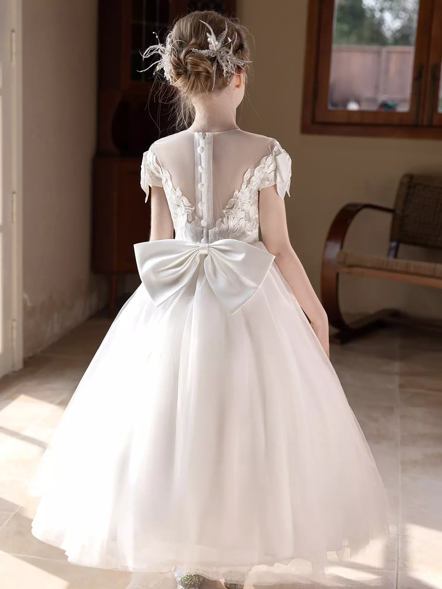 Kristina White Off-Shoulder Bow Back Tea Length Flower Girl Dress for Girls