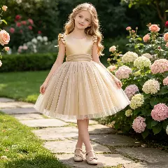 Raye Beige Flutter Sleeve Bow Back Tulle Party Dress for Girls