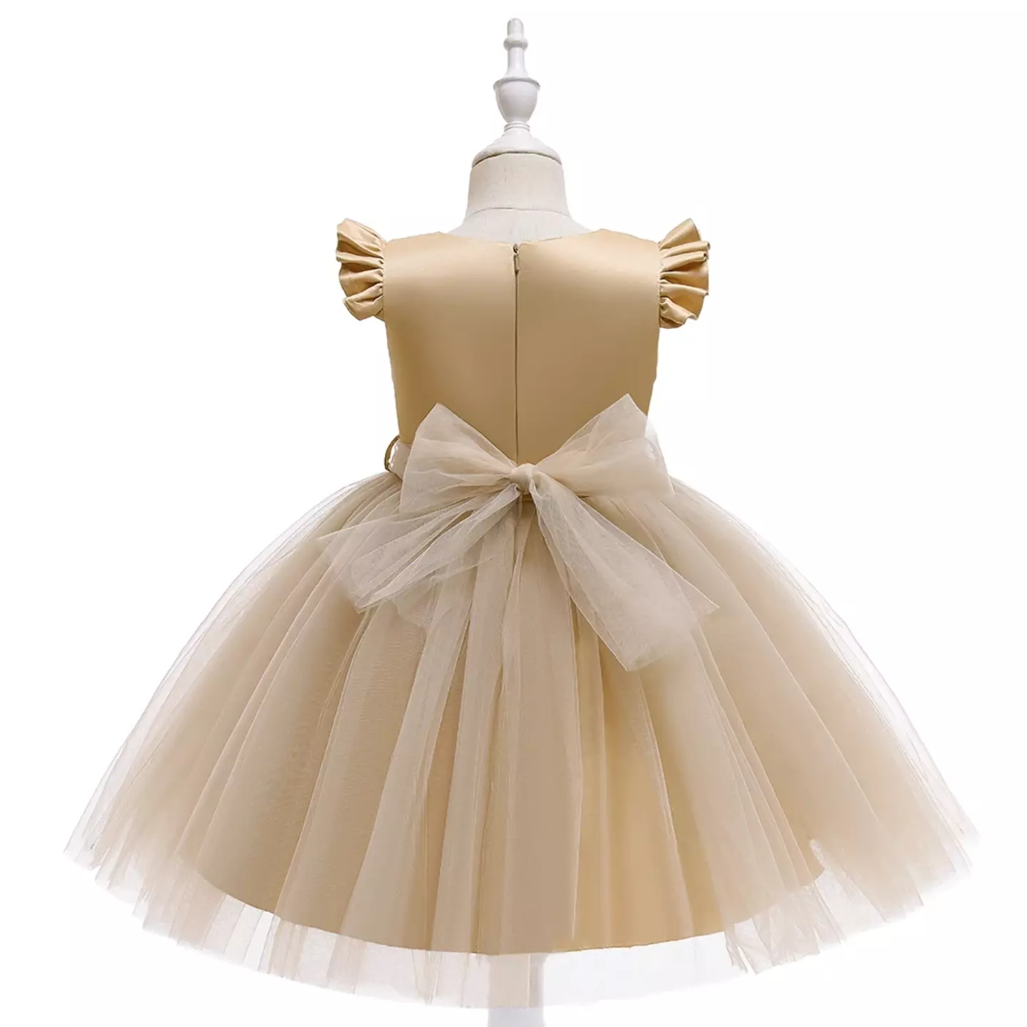 Raye Beige Flutter Sleeve Bow Back Tulle Party Dress for Girls