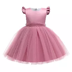 Raye Dusty Pink Flutter Sleeve Bow Back Tulle Party Dress for Girls