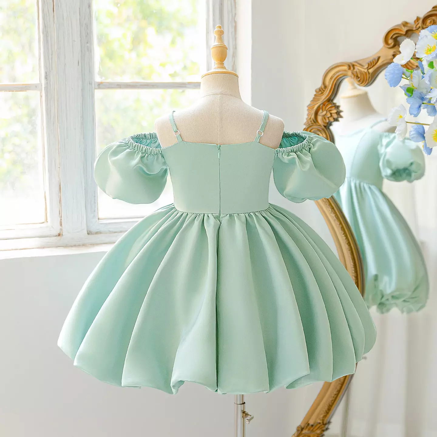 Jasmine Sage Green Off-Shoulder Puff Sleeve Knee Length Party Dress for Girls