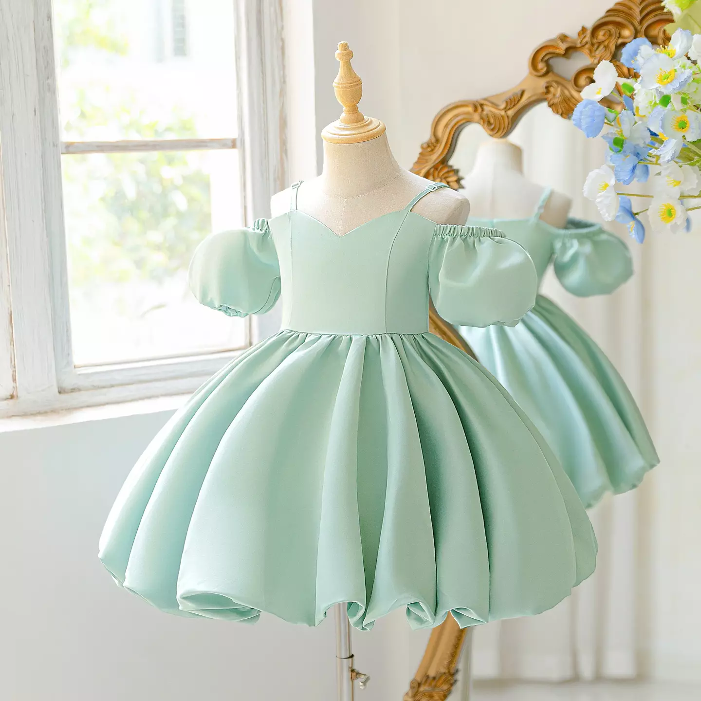 Jasmine Sage Green Off-Shoulder Puff Sleeve Knee Length Party Dress for Girls