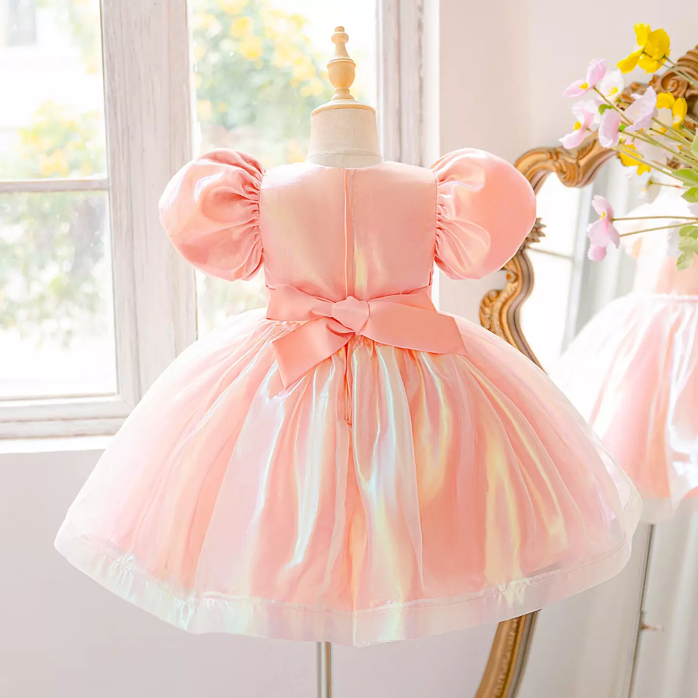 Kenna Peach Pink Puff Sleeve Iridescent Knee Length Party Dress for Girls