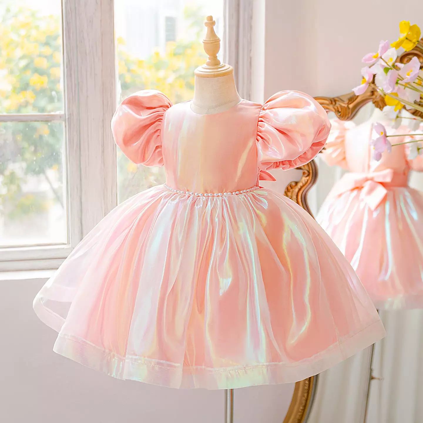 Kenna Peach Pink Puff Sleeve Iridescent Knee Length Party Dress for Girls