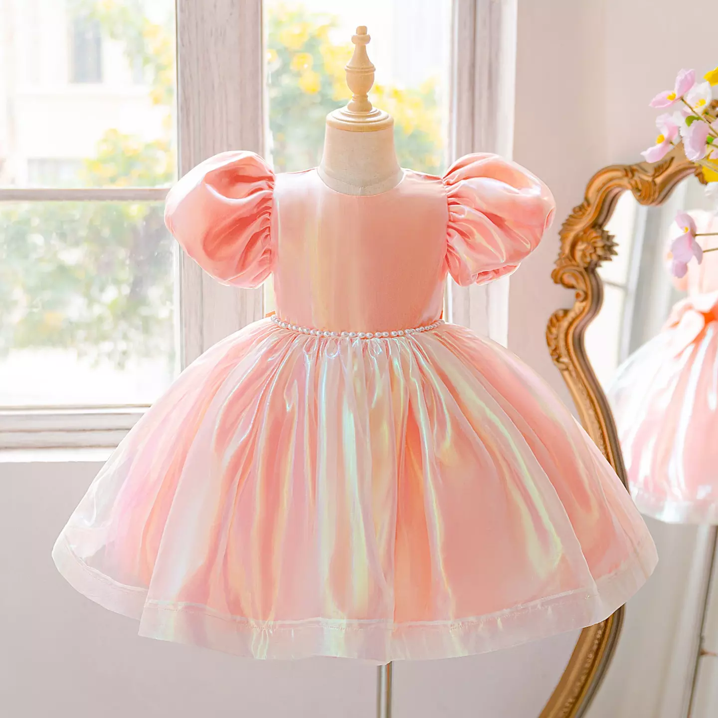 Kenna Peach Pink Puff Sleeve Iridescent Knee Length Party Dress for Girls