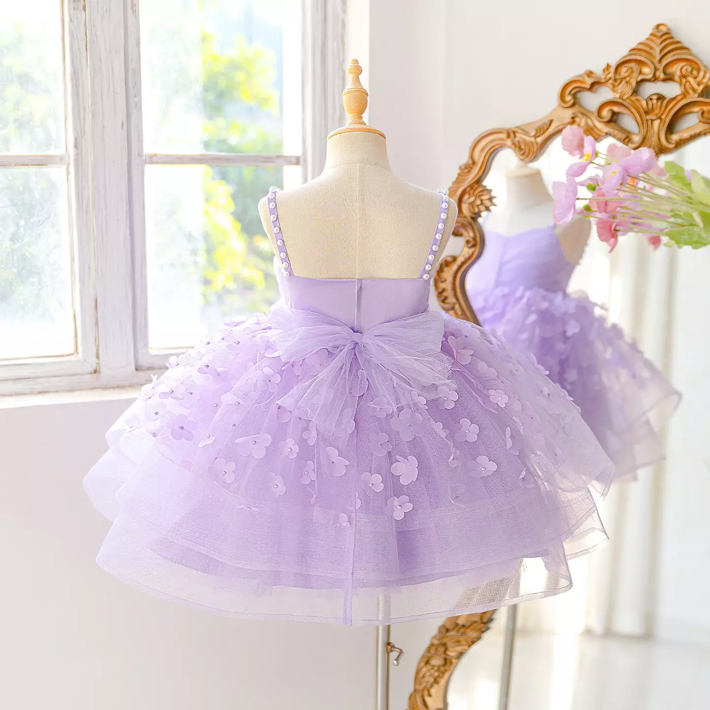 Lena Lavender Floral Tulle Tiered Knee Length Party Dress for Girls
