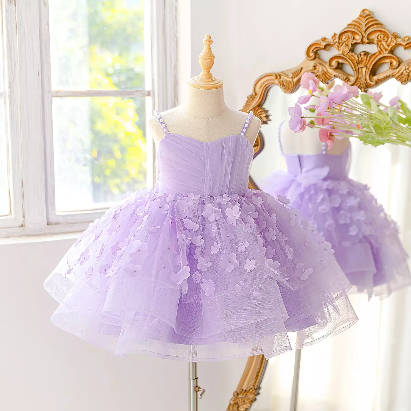 Lena Lavender Floral Tulle Tiered Knee Length Party Dress for Girls